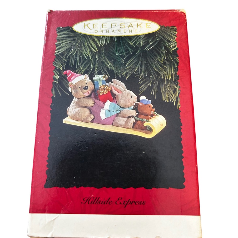 Hallmark Keepsake Ornament Hillside Express‎ 1996 Christmas TeddyBear Bunny Sled